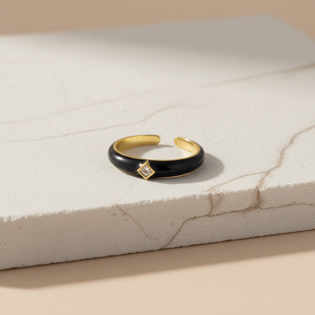 Black Enamel & Gold Adjustable Ring with Diamond Accent LR10198