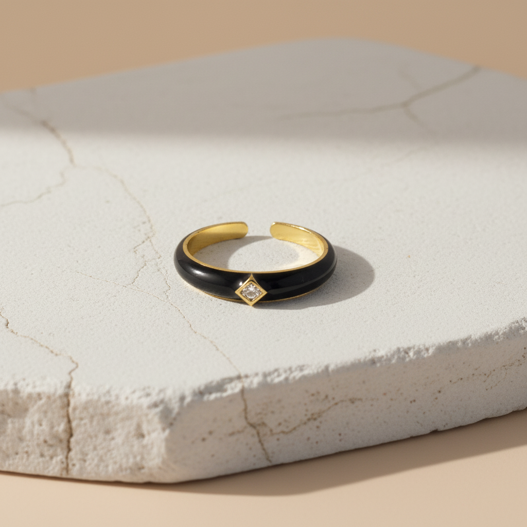 Black Enamel & Gold Adjustable Ring with Diamond Accent LR10198