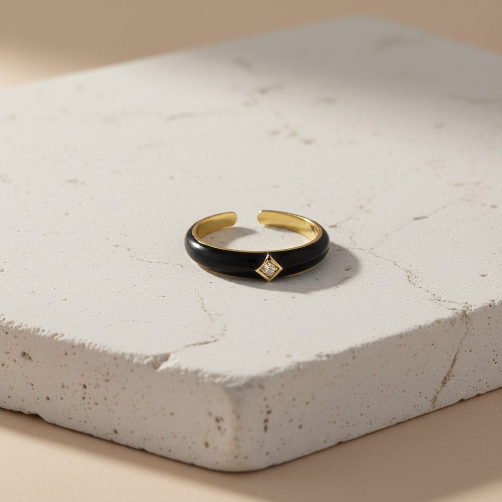 Black Enamel & Gold Adjustable Ring with Diamond Accent LR10198