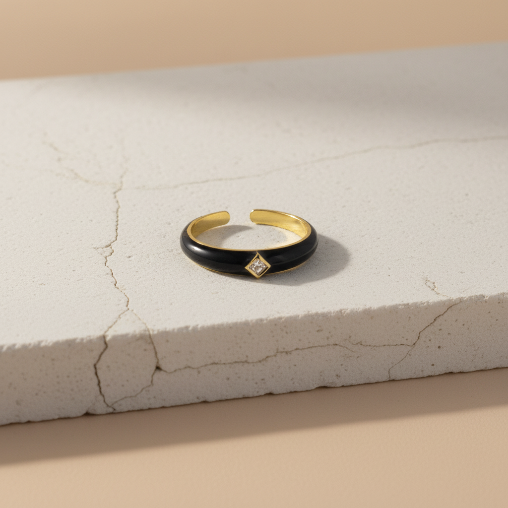 Black Enamel & Gold Adjustable Ring with Diamond Accent LR10198
