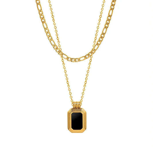 Black Stone Pendant Necklace – Dual Layer Gold Chain for Women LN10324