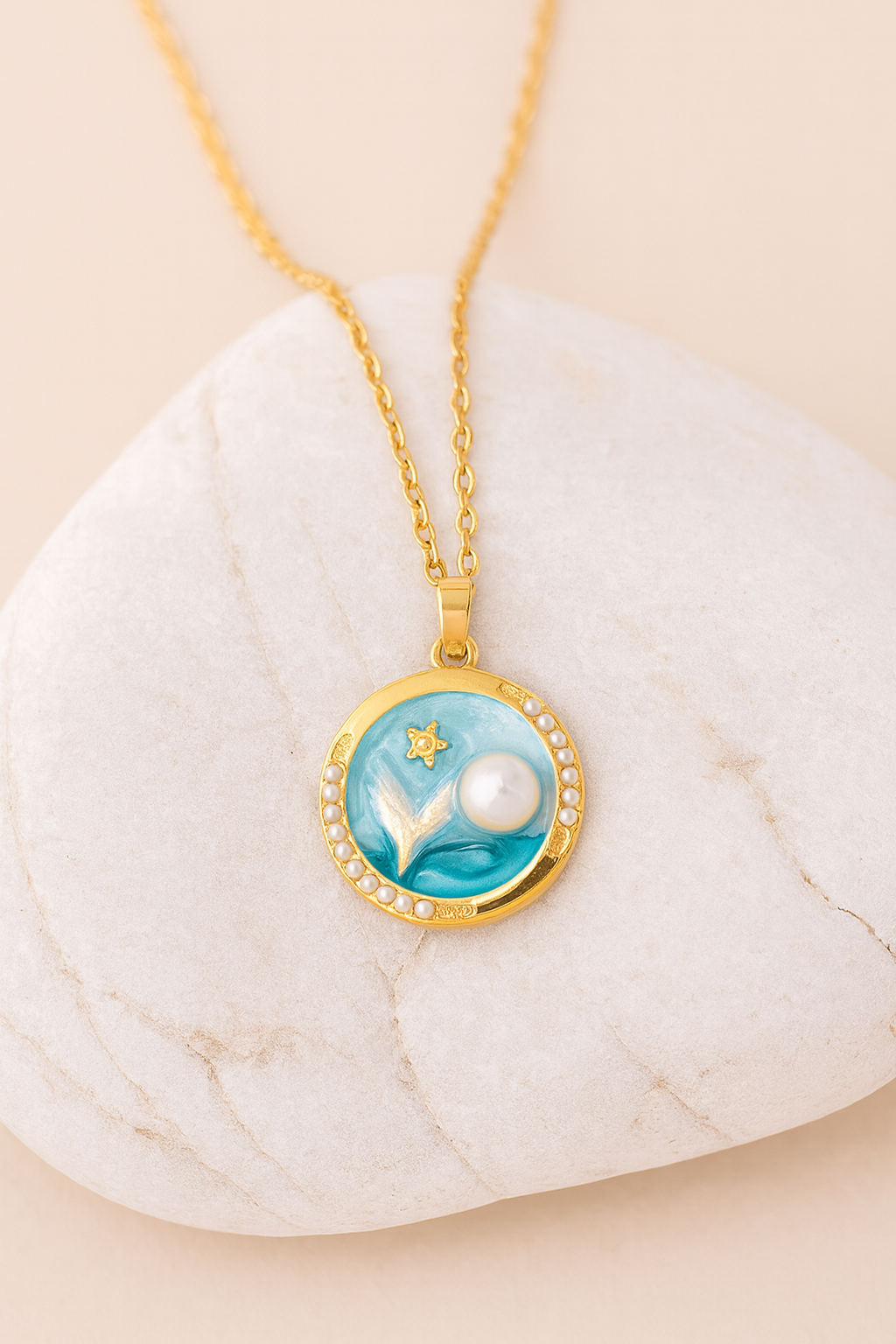 Blue Enamel Pearl Gold Pendant Necklace – Elegant Handcrafted Jewelry for Women LN10287