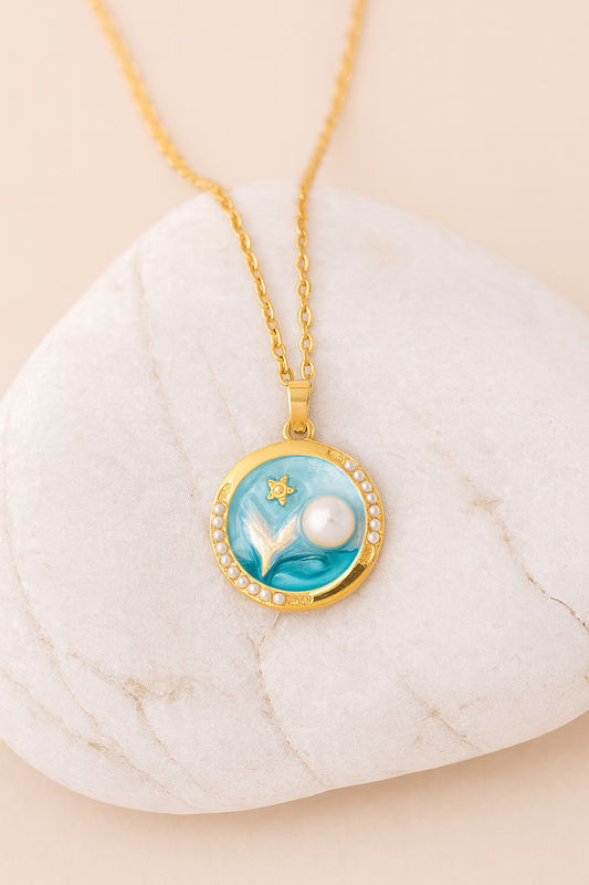 Blue Enamel Pearl Gold Pendant Necklace – Elegant Handcrafted Jewelry for Women LN10287