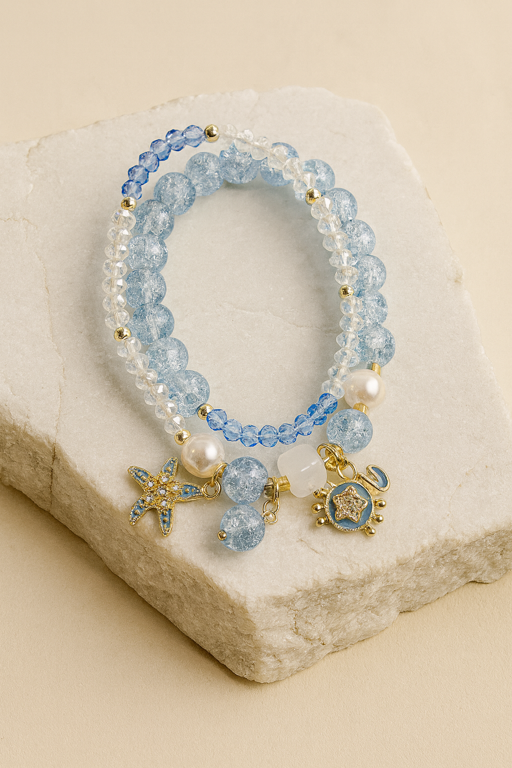 Blue Beaded Charm Bracelet Set – Ocean Starfish & Crab Jewelry LB10086