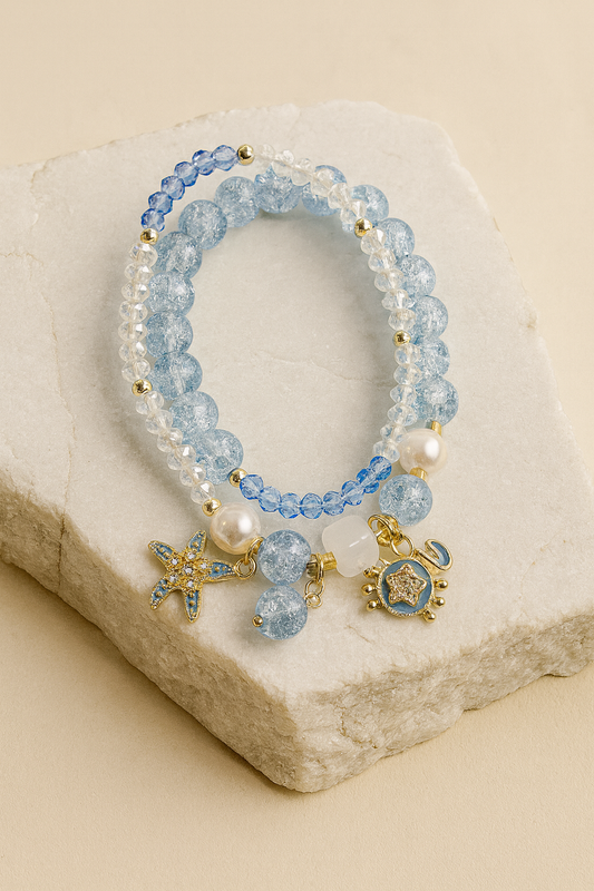 Blue Beaded Charm Bracelet Set – Ocean Starfish & Crab Jewelry LB10086