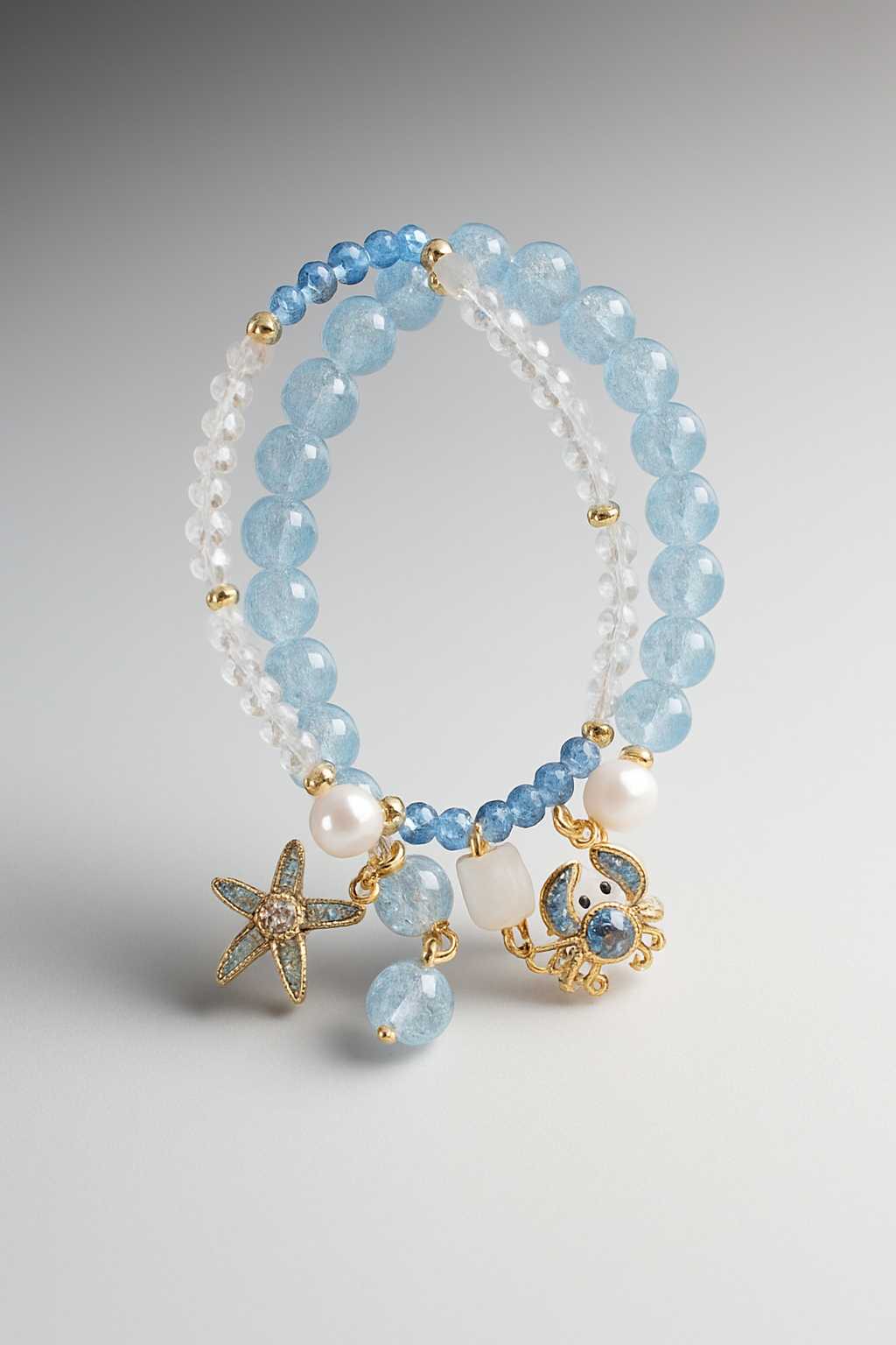 Blue Beaded Charm Bracelet Set – Ocean Starfish & Crab Jewelry LB10086
