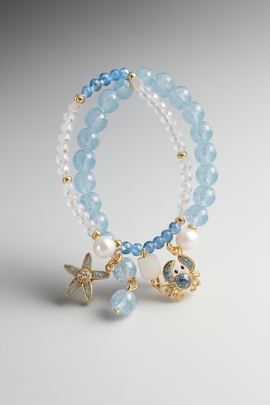 Blue Beaded Charm Bracelet Set – Ocean Starfish & Crab Jewelry LB10086