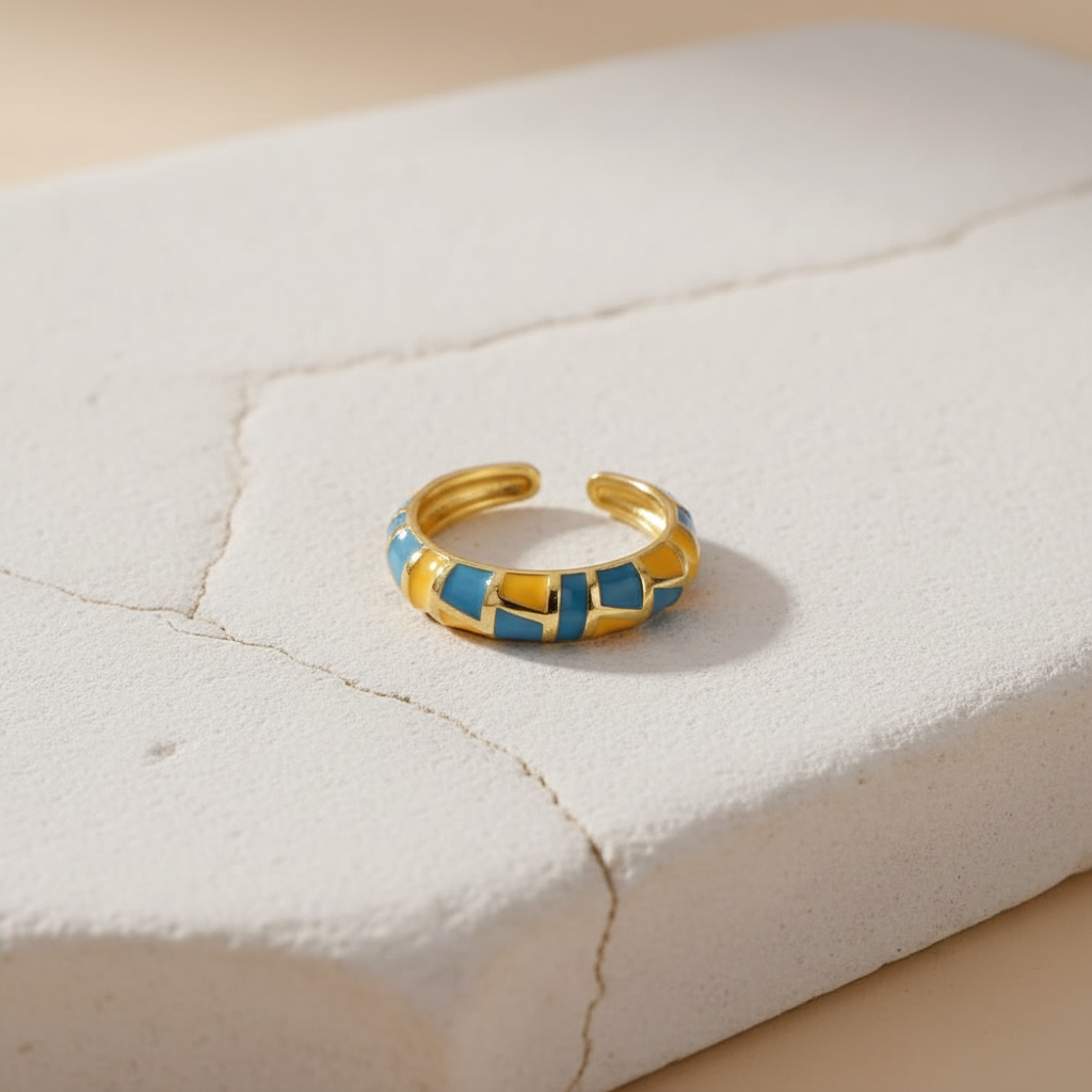 Blue Enamel & Gold Adjustable Mosaic Ring LR10218