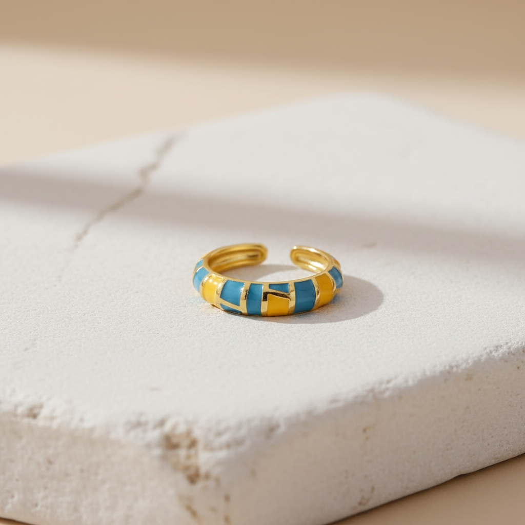 Blue Enamel & Gold Adjustable Mosaic Ring LR10218