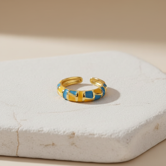 Blue Enamel & Gold Adjustable Mosaic Ring LR10218