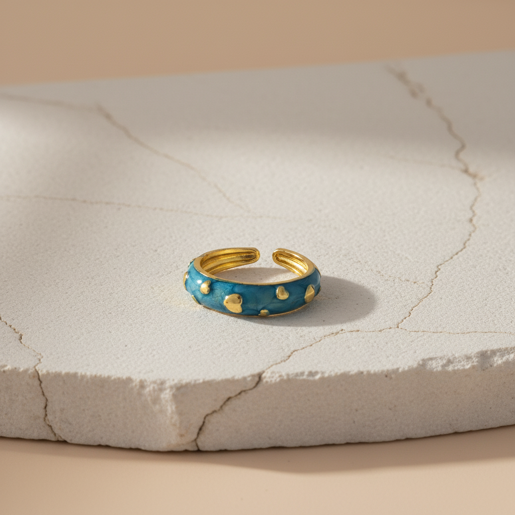 Blue Enamel & Gold Adjustable Ring with Heart Accents LR10208