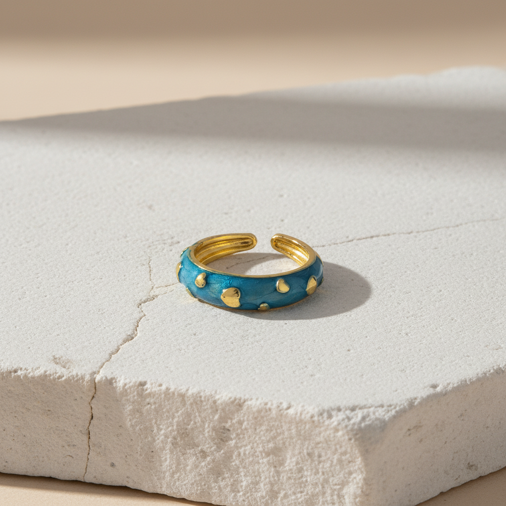 Blue Enamel & Gold Adjustable Ring with Heart Accents LR10208