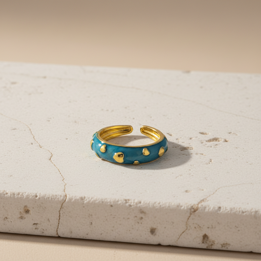 Blue Enamel & Gold Adjustable Ring with Heart Accents LR10208