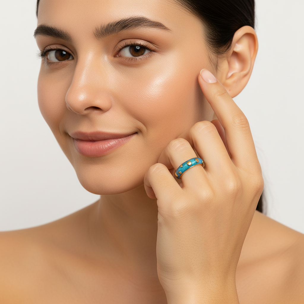 Blue Enamel & Gold Adjustable Ring with Heart Accents LR10208