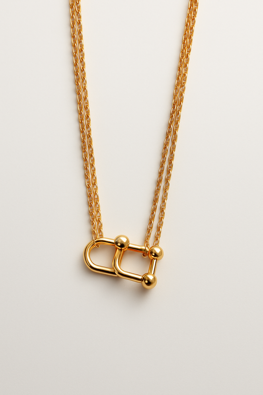 Bold Gold Double Chain Necklace with Geometric Link Pendant – Modern Statement Jewelry LN10142