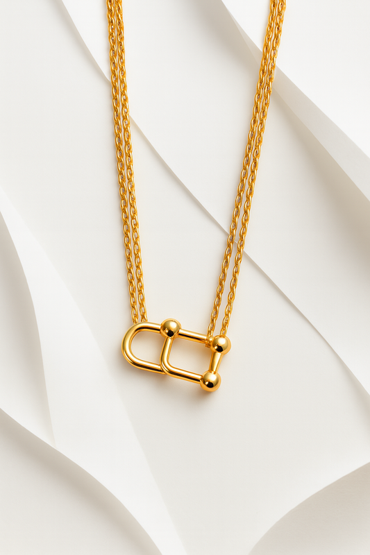 Bold Gold Double Chain Necklace with Geometric Link Pendant – Modern Statement Jewelry LN10142
