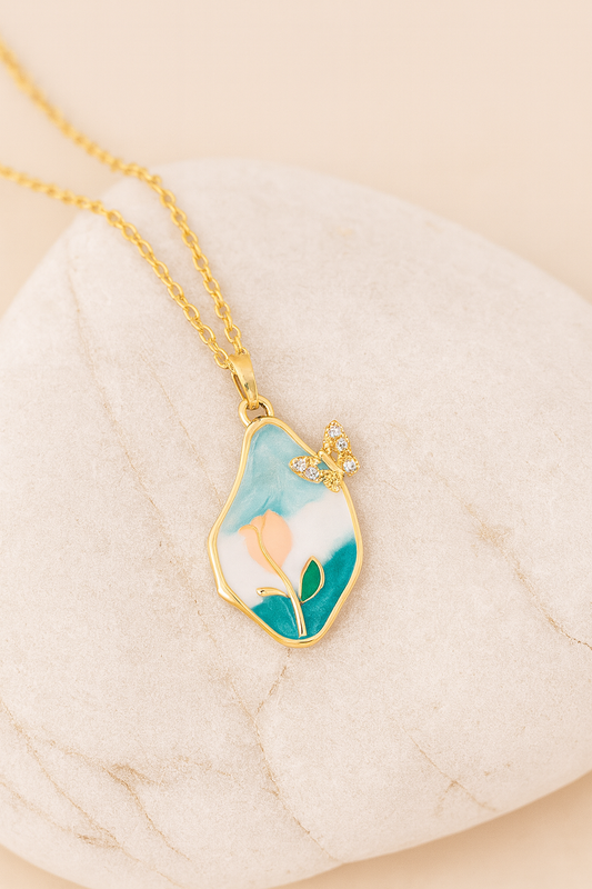 Butterfly Floral Enamel Gold Pendant Necklace – Elegant Handcrafted Jewelry for Women LN10285