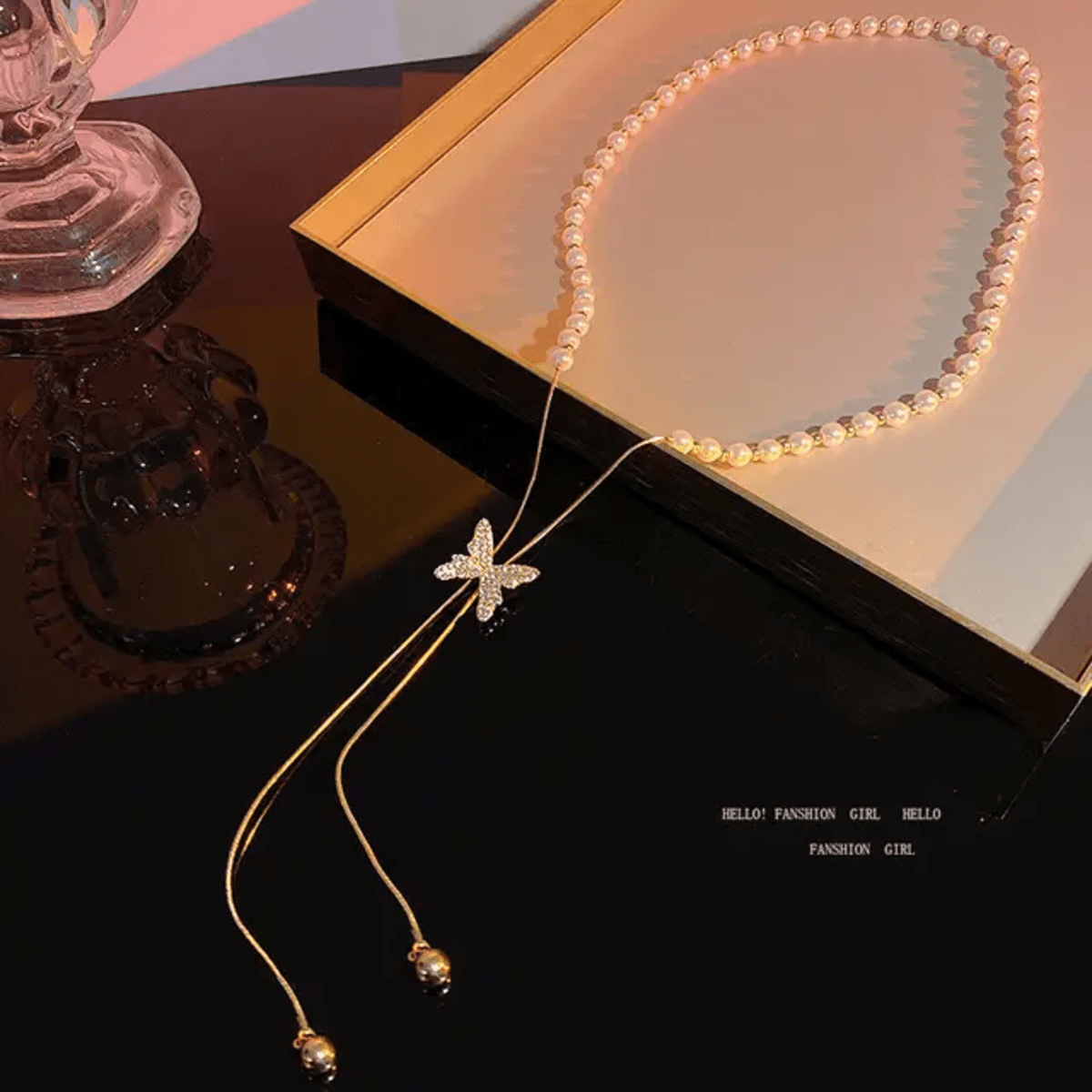 Butterfly Pearl Beaded Necklace Dainty Gold Choker LN10170