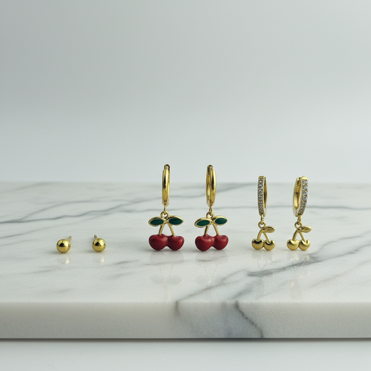 Cherry Gold Hoop Earrings Set – Cute Dainty Earrings for Women & Girls LE10274