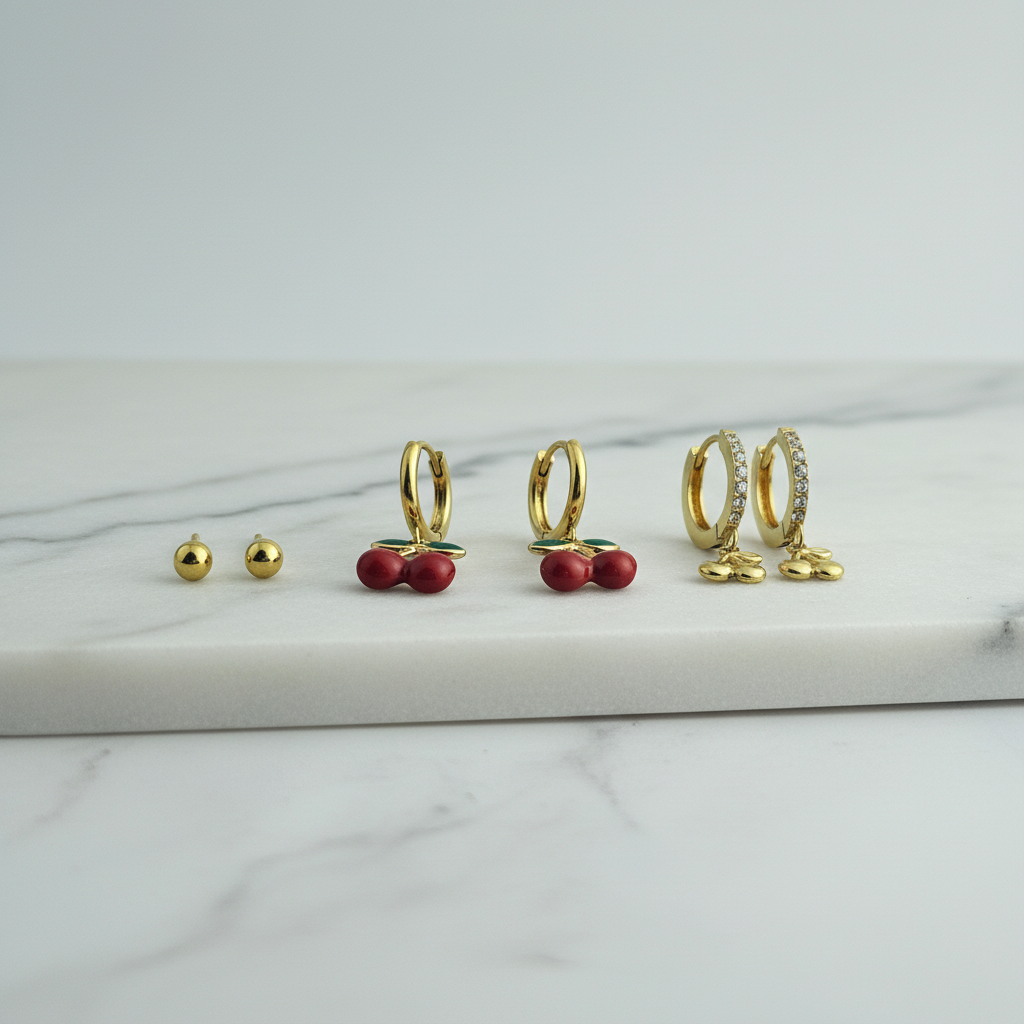 Cherry Gold Hoop Earrings Set – Cute Dainty Earrings for Women & Girls LE10274