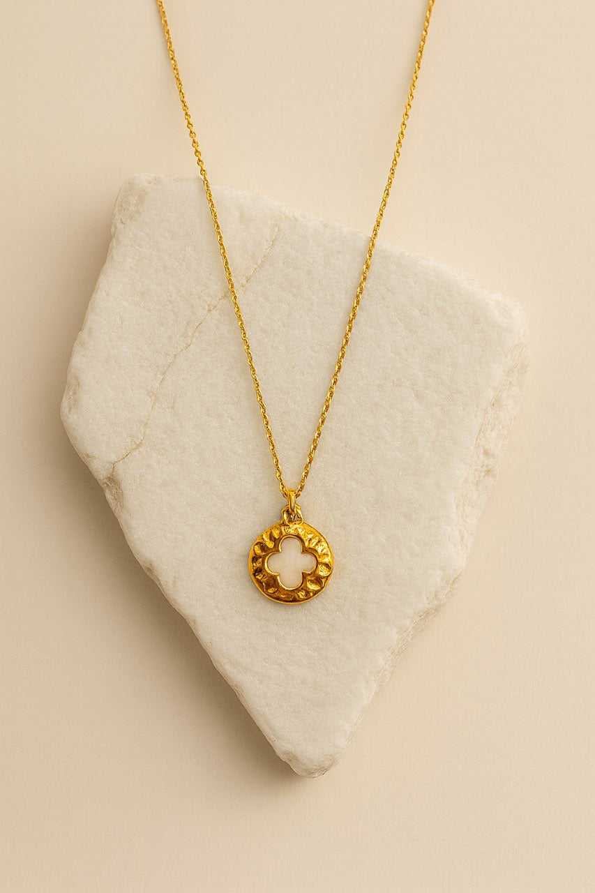 Clover Coin Pendant Necklace Gold Vermeil with Hammered Finish  Lucky Charm Jewelry LN10111