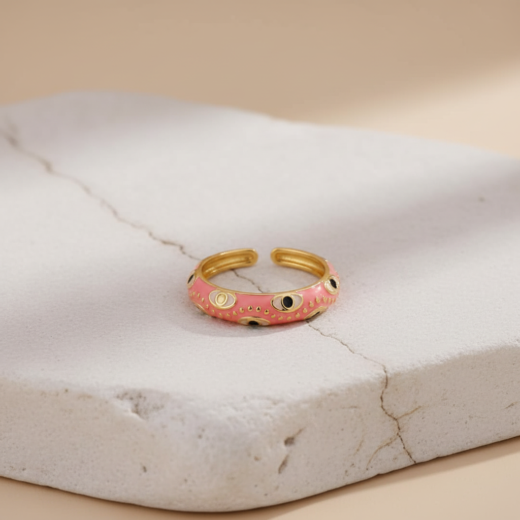 Coral Pink Enamel & Gold Adjustable Evil Eye Ring LR10220