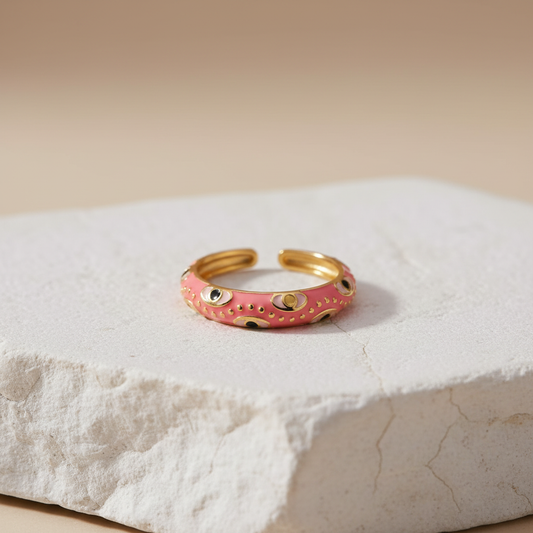 Coral Pink Enamel & Gold Adjustable Evil Eye Ring LR10220