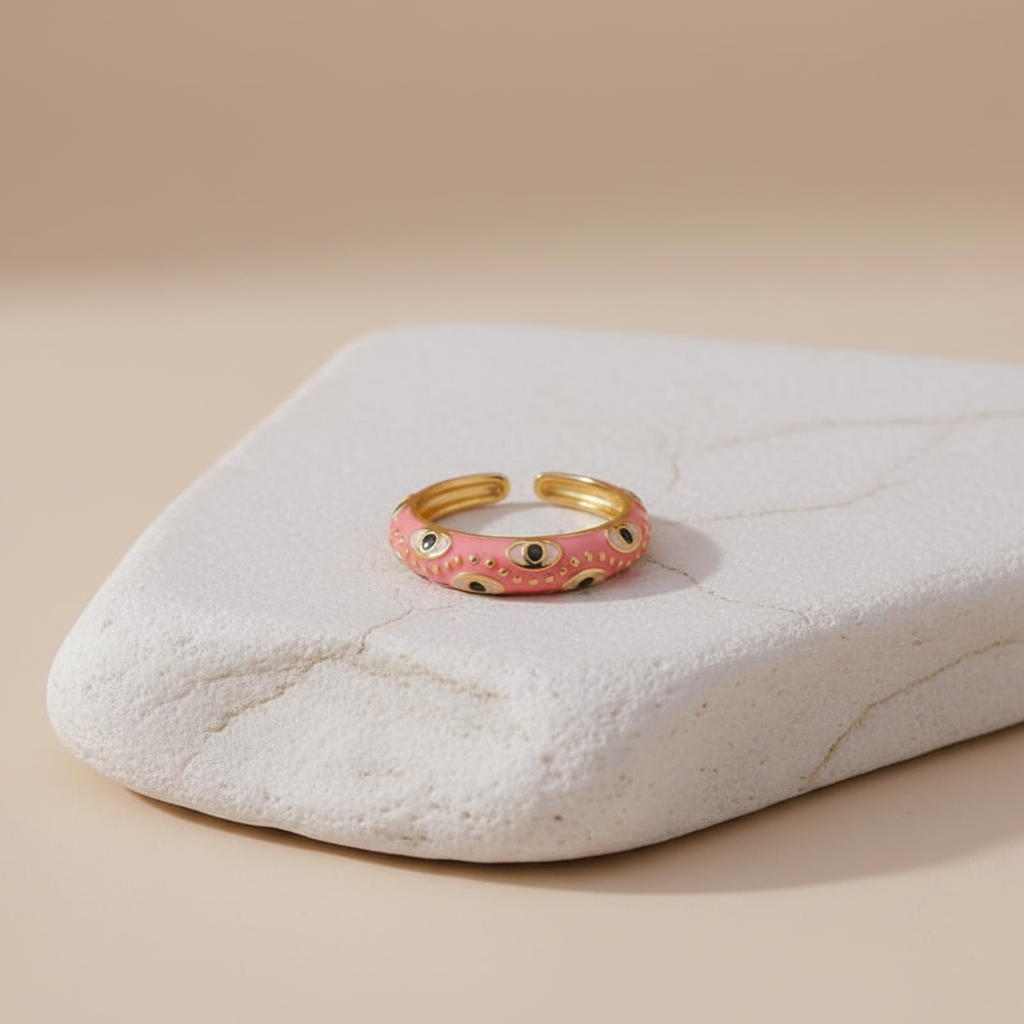 Coral Pink Enamel & Gold Adjustable Evil Eye Ring LR10220