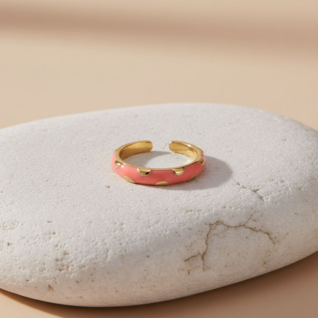Coral Pink Enamel & Gold Adjustable Ring with Heart Accents LR10207