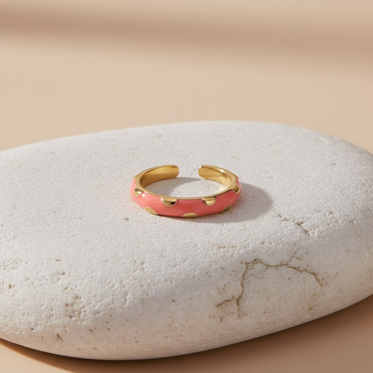 Coral Pink Enamel & Gold Adjustable Ring with Heart Accents LR10207