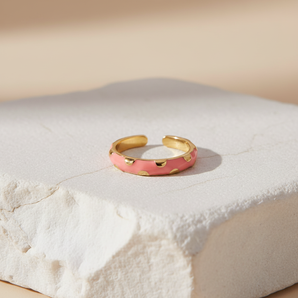Coral Pink Enamel & Gold Adjustable Ring with Heart Accents LR10207