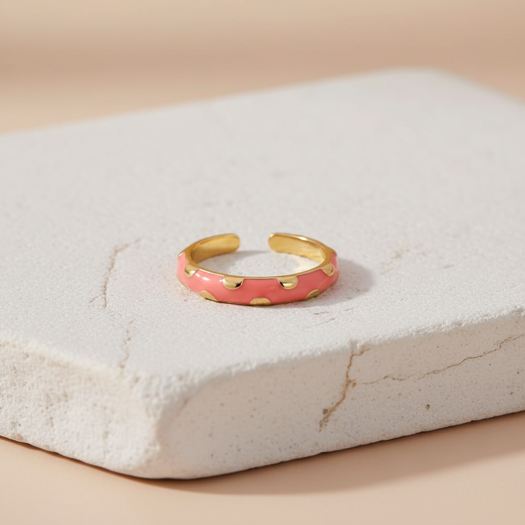 Coral Pink Enamel & Gold Adjustable Ring with Heart Accents LR10207