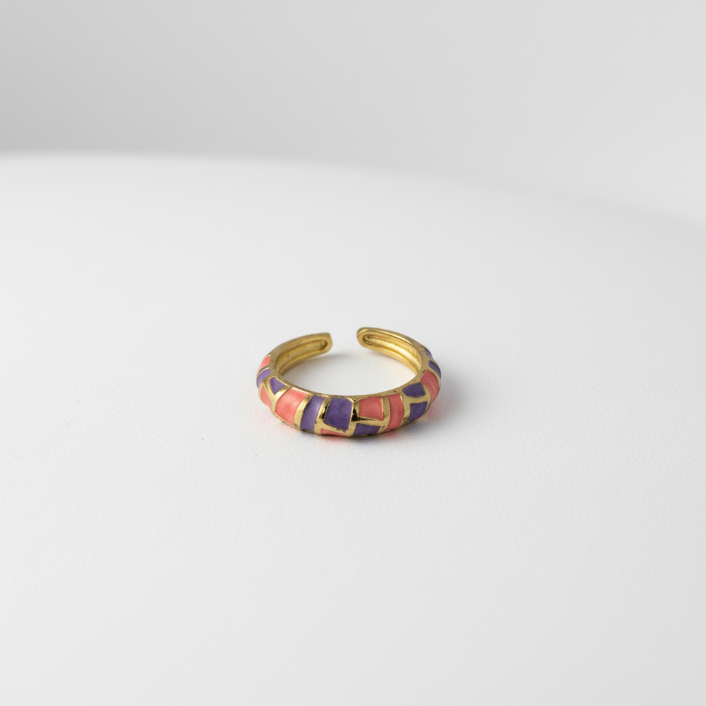 Coral & Purple Enamel Gold Adjustable Mosaic Ring LR10221