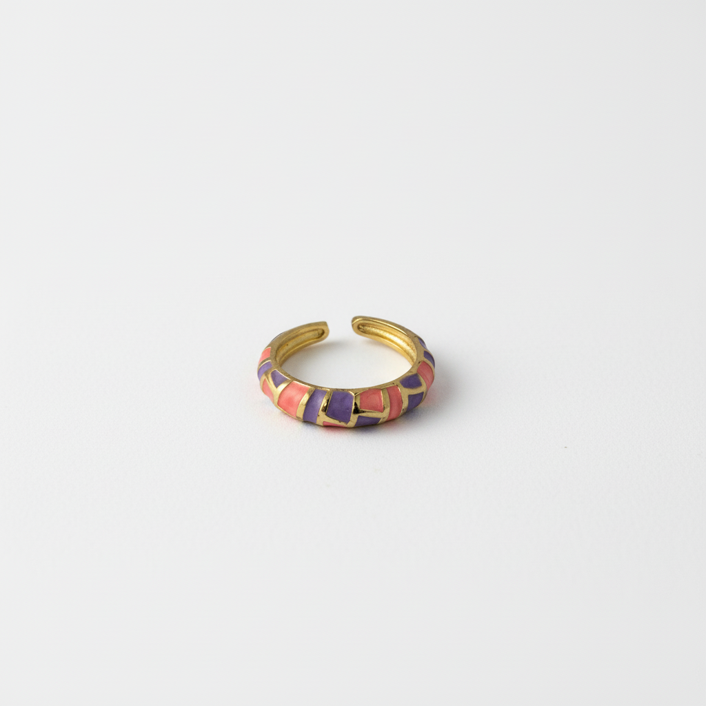 Coral & Purple Enamel Gold Adjustable Mosaic Ring LR10221