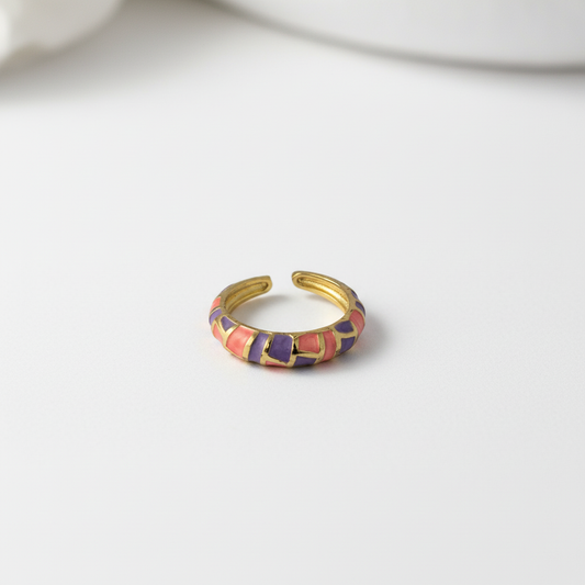 Coral & Purple Enamel Gold Adjustable Mosaic Ring LR10221