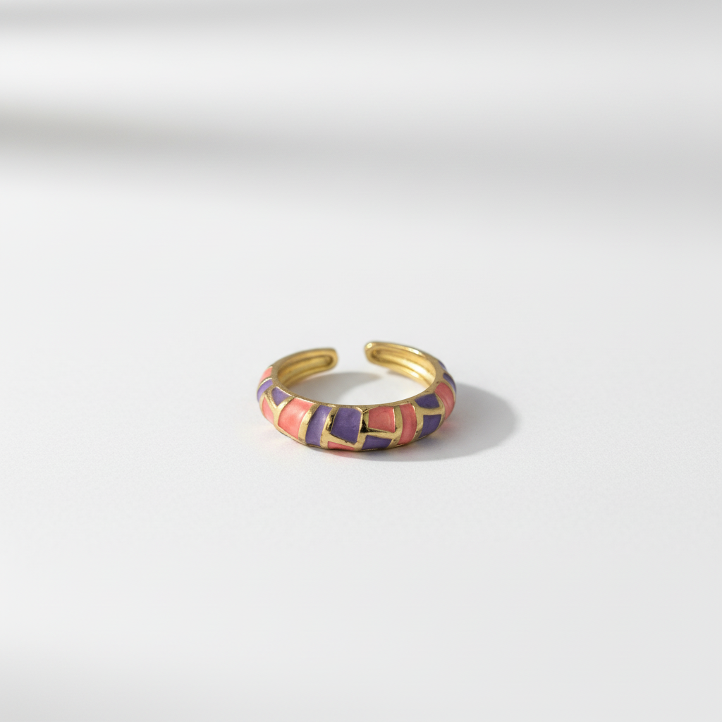 Coral & Purple Enamel Gold Adjustable Mosaic Ring LR10221