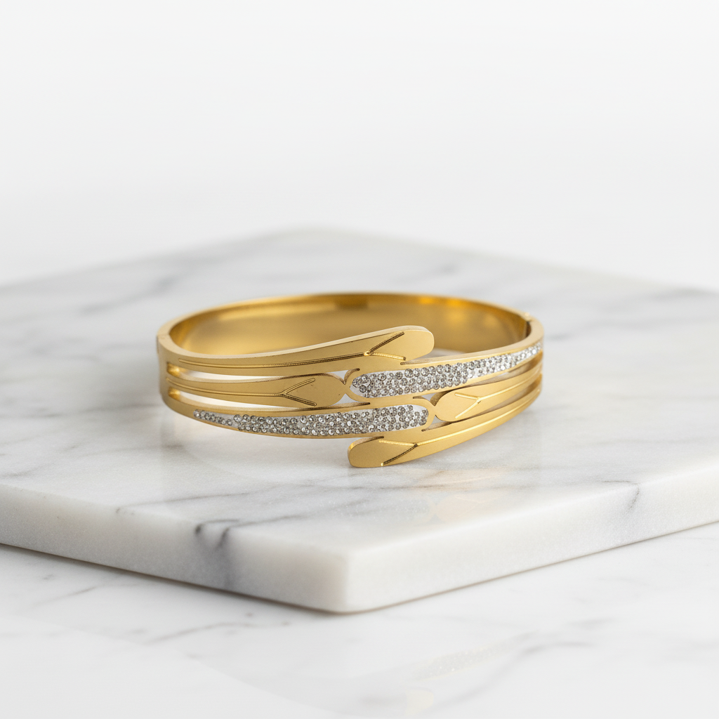 Crystal-Studded Gold Bangle – Elegant Three-Layer Wave Design Bracelet LB10198