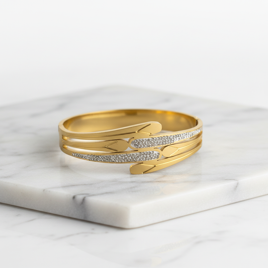 Crystal-Studded Gold Bangle – Elegant Three-Layer Wave Design Bracelet LB10198