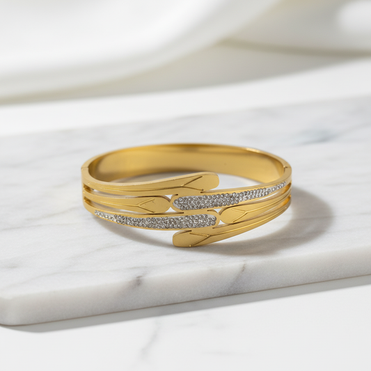 Crystal-Studded Gold Bangle – Elegant Three-Layer Wave Design Bracelet LB10198