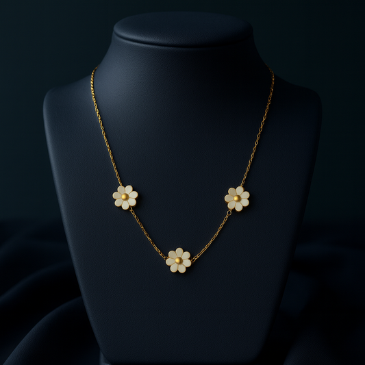 Daisy Flower Necklace – Triple Enamel Charm in Gold. LN10192