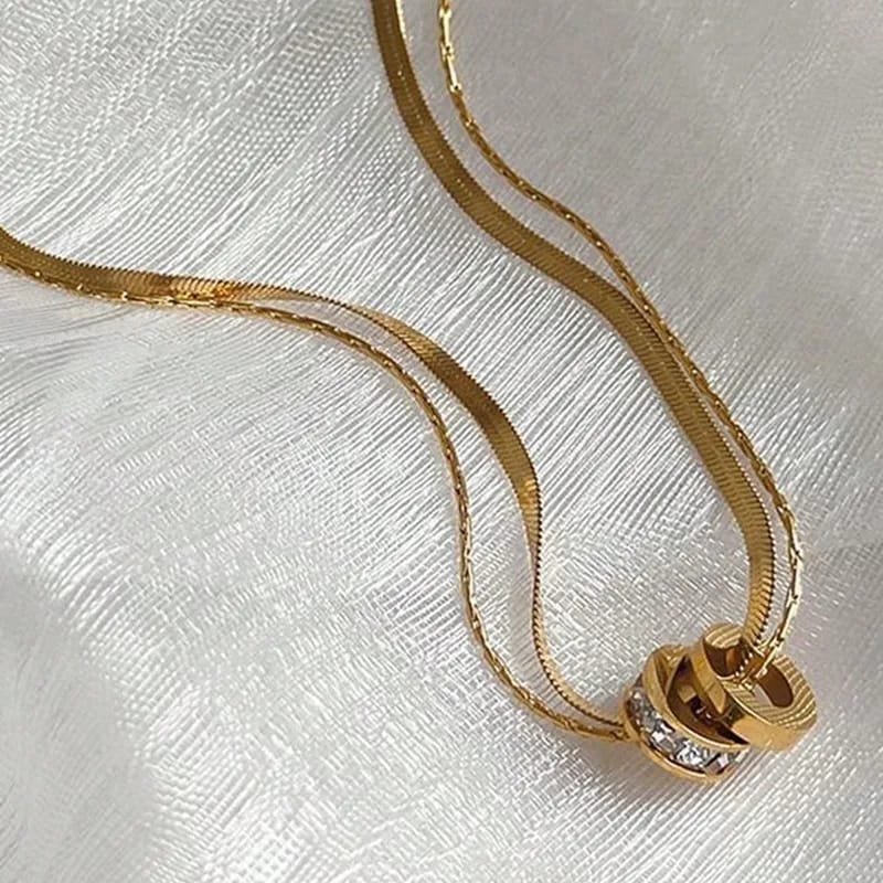 Double Layer Gold Pendant Necklace – Minimal Ring Charm Chain for Women LN10322