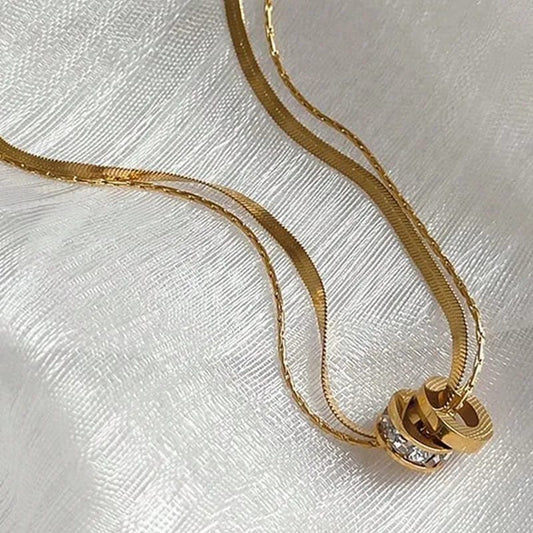 Double Layer Gold Pendant Necklace – Minimal Ring Charm Chain for Women LN10322