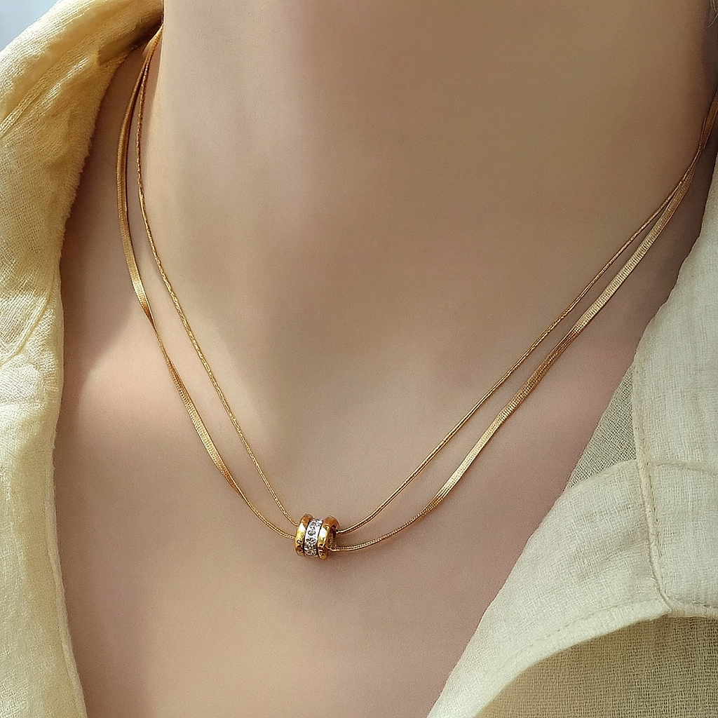 Double Layer Gold Pendant Necklace – Minimal Ring Charm Chain for Women LN10322