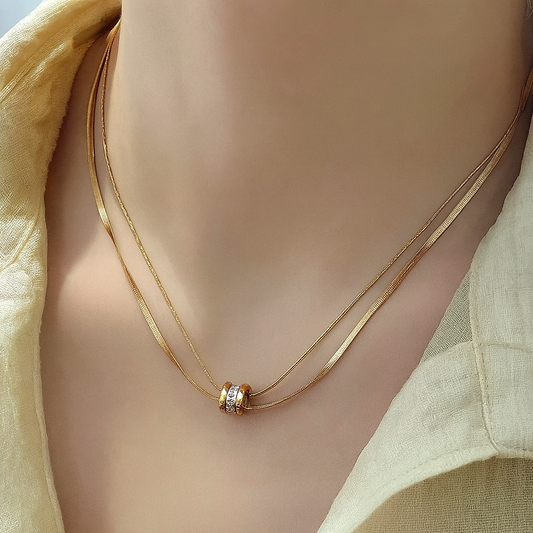 Double Layer Gold Pendant Necklace – Minimal Ring Charm Chain for Women LN10322