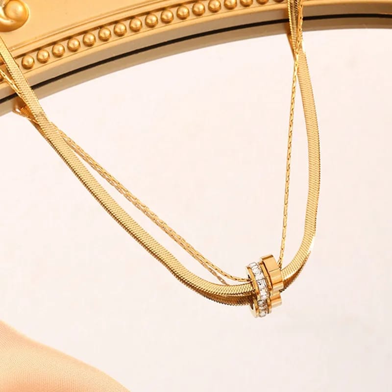 Double Layer Gold Pendant Necklace – Minimal Ring Charm Chain for Women LN10322