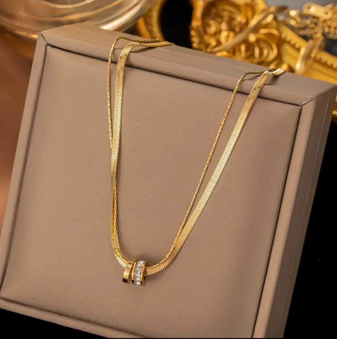 Double Layer Gold Pendant Necklace – Minimal Ring Charm Chain for Women LN10322