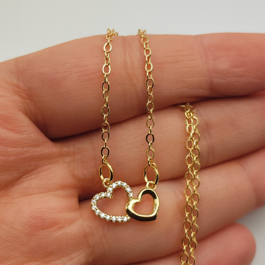 Dual Heart Gold Necklace – Dainty Crystal & Solid Heart Pendant for Women LN10321