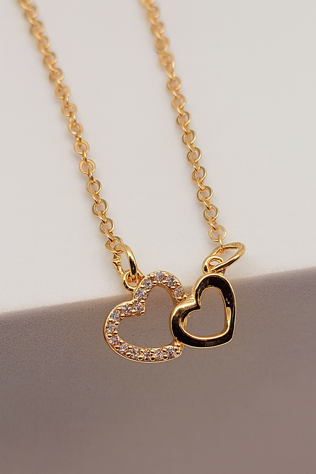Dual Heart Gold Necklace – Dainty Crystal & Solid Heart Pendant for Women LN10321