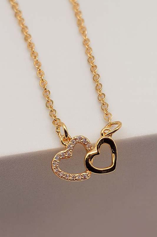 Dual Heart Gold Necklace – Dainty Crystal & Solid Heart Pendant for Women LN10321