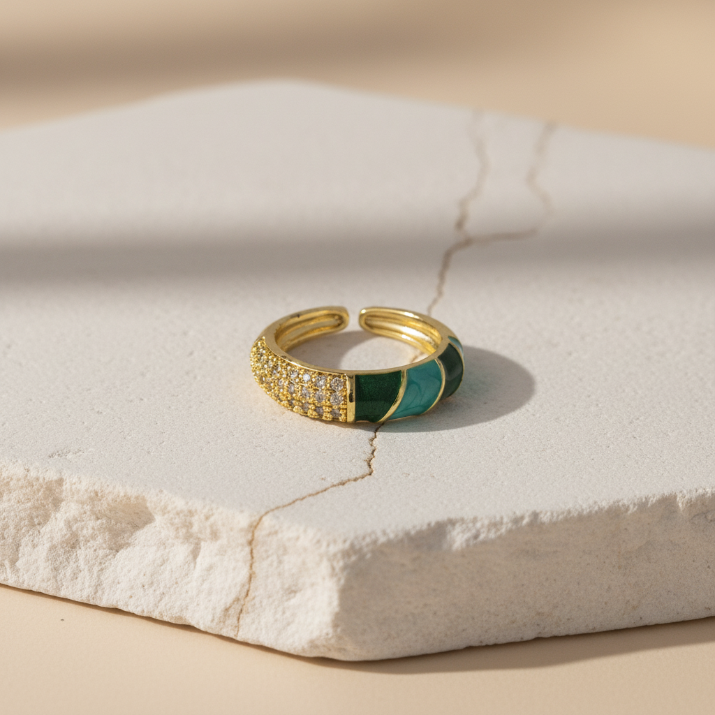 Emerald Green Enamel & Gold Adjustable Ring with Diamonds LR10210